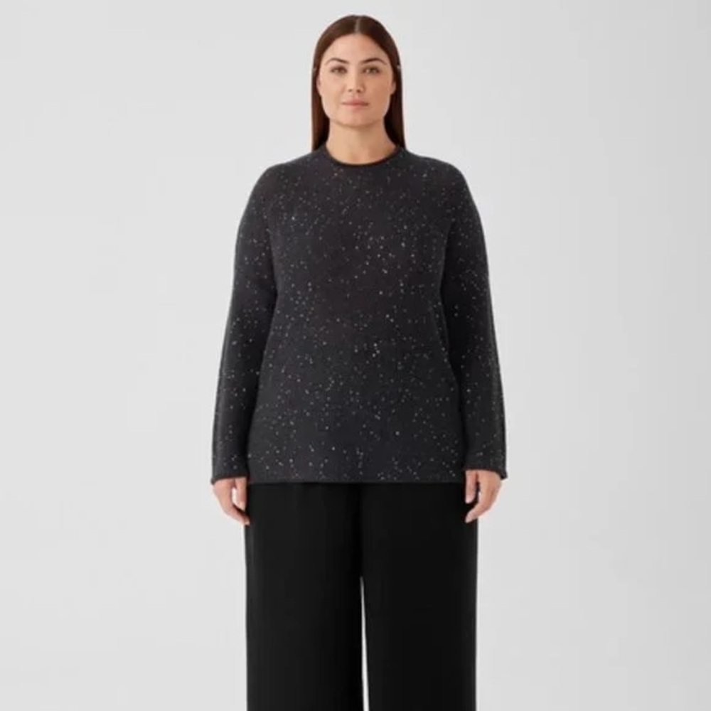 Eileen Fisher Black Sequin Knit Crewneck Super Fine Marino Wool Sweater Size 3X